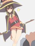 1girl angry bare_legs barefoot belt blush brown_hair cape collar commentary dress fingerless_gloves gloves hat holding holding_staff kono_subarashii_sekai_ni_shukufuku_wo! megumin panties panty_peek red_dress red_eyes salpin shaded_face short_hair_with_long_locks simple_background solo_focus staff sweatdrop underwear witch_hat