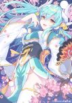  1girl :d absurdres bangs blue_hair blush breasts cherry_blossoms commentary_request devy dragon_horns eyebrows_visible_through_hair fate/grand_order fate_(series) fingernails floating_hair flower green_kimono hair_between_eyes hand_up highres horns japanese_clothes kimono kiyohime_(fate/grand_order) long_hair long_sleeves medium_breasts obi open_mouth petals pink_flower sash smile solo thigh-highs tree_branch twitter_username very_long_hair white_legwear wide_sleeves yellow_eyes 
