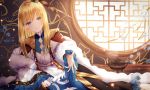  1girl absurdres bangs blonde_hair blue_dress blue_eyes blue_flower blurry blurry_background blush chinese_clothes commentary_request depth_of_field dress eyebrows_visible_through_hair fate_(series) flower fur_collar hair_between_eyes highres indoors junpaku_karen long_hair long_sleeves looking_at_viewer lord_el-melloi_ii_case_files parted_lips reines_el-melloi_archisorte round_window smile smoke solo sunlight wide_sleeves window 