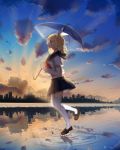  1girl absurdres black_sailor_collar black_skirt blonde_hair blue_eyes blue_umbrella bow clouds crop_top day from_side full_body hair_bow hairband highres holding holding_umbrella kagamine_rin midriff miniskirt neckerchief outdoors pleated_skirt plipa profile red_neckwear sailor_collar school_uniform serafuku shirt short_hair short_sleeves skirt solo thigh-highs umbrella vocaloid walking white_bow white_hairband white_legwear white_shirt zettai_ryouiki 