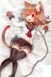  1girl animal_ears bell black_legwear black_skirt blush brown_eyes brown_hair cat_ears cat_tail chains gloves hair_ornament hairclip highres ikazuchi_(kantai_collection) kantai_collection long_sleeves looking_at_viewer lying navel neckerchief on_back open_mouth paw_gloves paws pleated_skirt red_neckwear school_uniform serafuku short_hair skirt solo suzuho_hotaru tail thigh-highs 