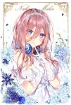  1girl bangs blue_eyes breasts brown_hair closed_mouth dress english_text finger_to_mouth flower gloves go-toubun_no_hanayome hair_between_eyes headphones headphones_around_neck highres long_hair nakano_miku rose solo taya_5323203 white_dress 