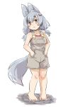  1girl :o animal_ear_fluff animal_ears bangs bare_arms bare_shoulders barefoot blush bow breasts collarbone eyebrows_visible_through_hair fox_ears fox_girl fox_tail full_body grey_eyes grey_hair hair_between_eyes hair_bow hands_in_pockets head_tilt long_hair low_twintails medium_breasts original overall_shorts parted_lips red_bow red_shirt shadow shirt sleeveless sleeveless_shirt solo standing tail thick_eyebrows twintails u-non_(annon&#039;an) white_background 