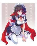  1girl alternate_costume apron black_dress black_hair breasts cape cleavage dress enmaided frilled_apron frills full_body garters gradient_hair grey_eyes highres iesupa kneeling looking_at_viewer maid maid_apron maid_headdress mary_janes medium_breasts multicolored_hair puffy_short_sleeves puffy_sleeves red_cape redhead ruby_rose rwby shoes short_hair short_sleeves smile solo thigh-highs two-tone_hair waist_apron white_apron white_legwear wrist_cuffs 
