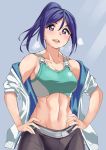  1girl abs blue_hair blush hands_on_hips highres long_hair looking_at_viewer love_live! love_live!_school_idol_project love_live!_sunshine!! matsuura_kanan off_shoulder open_mouth ponytail purple_hair sodmango sports_bra steam toned violet_eyes 
