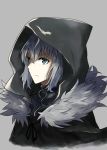  1girl artist_request black_hoodie black_ribbon commentary_request eyebrows_visible_through_hair face fate_(series) from_side fur_trim gray_(lord_el-melloi_ii) grey_background grey_eyes grey_hair hair_between_eyes highres hood hood_up jacket looking_at_viewer ribbon short_hair simple_background solo 