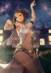  1girl alternate_costume artist_request bangs bare_arms bare_legs bare_shoulders blush blush_stickers boku_no_hero_academia breasts brown_hair building dancing fireworks from_below grass highres looking_at_viewer medium_breasts navel night o-ring o-ring_top outdoors parted_bangs revealing_clothes short_hair smile solo stairs teeth uraraka_ochako 