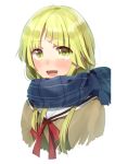  1girl :d bang_dream! bangs blonde_hair blue_scarf blush hanasakigawa_school_uniform harusawa long_hair looking_at_viewer neck_ribbon open_mouth plaid plaid_scarf red_neckwear ribbon scarf school_uniform simple_background smile solo tsurumaki_kokoro upper_body white_background yellow_eyes 