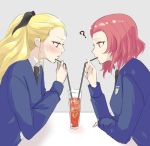  2girls ? assam black_neckwear black_ribbon blonde_hair blue_eyes blue_sweater blush brown_eyes closed_mouth cup dress_shirt drinking drinking_glass drinking_straw elbow_rest emblem from_side fuji_(fuji_mount3333) girls_und_panzer grey_background hair_pulled_back hair_ribbon leaning_forward light_frown long_hair long_sleeves looking_at_another medium_hair multiple_girls necktie redhead ribbon rosehip school_uniform shared_food shirt sitting st._gloriana&#039;s_school_uniform sweater table tea v-neck white_shirt yuri 