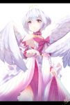  1girl angel_wings antenna_hair bare_shoulders bow breasts cowboy_shot detached_sleeves dress dress_lift eyebrows_visible_through_hair feathered_wings fitoria_(tate_no_yuusha_no_nariagari) highres layered_dress letterboxed lifted_by_self light_frown looking_at_viewer murata_ryou purple_bow short_hair signature small_breasts solo tate_no_yuusha_no_nariagari violet_eyes white_dress white_wings wings 