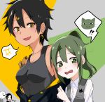  3girls :d :o absurdres ao_no_kitsune bangs black_hair blush breasts cat cleavage crescent crescent_earrings earrings fang green_eyes green_hair highres igarashi_futaba_(shiromanta) jewelry kurobe_natsumi_(shiromanta) looking_at_viewer multiple_girls open_mouth ponytail sakurai_(shiromanta) senpai_ga_uzai_kouhai_no_hanashi shiromanta_(character) short_hair sidelocks smile speech_bubble standing tan upper_body yellow_eyes 