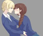  2girls bangs blonde_hair blue_eyes blue_skirt blue_sweater blush braid brown_eyes brown_hair commentary_request darjeeling dress_shirt eyebrows_visible_through_hair from_side fuji_(fuji_mount3333) girls_und_panzer grey_background hair_over_shoulder hug imminent_kiss leaning_back leaning_forward light_smile lips long_hair long_sleeves looking_at_another multiple_girls no_neckwear parted_lips pleated_skirt rukuriri school_uniform shirt short_hair simple_background single_braid skirt st._gloriana&#039;s_school_uniform standing sweat sweater tied_hair v-neck white_shirt yuri 