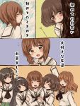  5girls :3 ahoge akiyama_yukari arm_grab arm_up bangs black_eyes black_hair black_neckwear blouse blunt_bangs blush brown_eyes brown_hair comic commentary eyebrows_visible_through_hair girl_sandwich girls_und_panzer green_skirt hairband hand_holding hand_in_hair head_tilt interlocked_fingers isuzu_hana light_blush light_smile long_hair long_sleeves looking_at_another looking_at_viewer messy_hair multiple_girls neckerchief nishizumi_miho notice_lines ooarai_school_uniform orange_hair peeking_out pleated_skirt pokoyosi reizei_mako sandwiched school_uniform serafuku short_hair skirt smile standing takebe_saori white_blouse white_hairband 