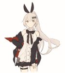  1girl animal_ears armband bangs bare_shoulders black_jacket black_skirt blouse bow bowtie breasts brown_eyes cowboy_shot crescent crescent_earrings earrings fake_animal_ears five-seven_(girls_frontline) girls_frontline hair_between_eyes hair_ornament hand_on_thigh hands_on_hips high_ponytail highres jacket jewelry long_hair off_shoulder open_clothes open_jacket pleated_skirt ponytail rabbit_ears sidelocks silver_hair skirt smile solo standing tarouoga white_blouse 