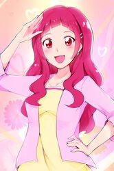  1girl bangs blunt_bangs blush commentary daisy dress earrings flower hair_ornament hand_on_hip haruzu2000 heart highres hugtto!_precure jacket jewelry lipstick long_hair makeup nono_hana older open_mouth pink_eyes pink_hair pink_jacket precure salute smile solo spoilers upper_body yellow_dress 