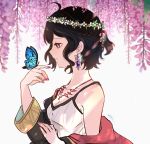  1girl bare_shoulders black_hair breasts bug butterfly cleavage earrings fire_emblem fire_emblem:_kakusei from_side head_wreath highres insect jewelry long_sleeves mark_(female)_(fire_emblem) mark_(fire_emblem) medium_breasts nail_polish nintendo parted_lips sasaki_(dkenpisss) short_hair signature solo upper_body violet_eyes 