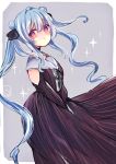 1girl bangs beniko_(ymdbnk) black_ribbon blue_hair blush brown_dress collared_dress double_bun dress eyebrows_visible_through_hair grey_background hair_between_eyes hair_ribbon highres long_hair looking_at_viewer looking_to_the_side neck_ribbon original parted_lips red_eyes ribbon shoulder_cutout side_bun sidelocks solo sparkle striped twintails two-tone_background vertical-striped_dress vertical_stripes very_long_hair white_background 