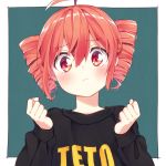  1girl absurdres ahoge aizaki_(aizkaizk) blush character_name clenched_hands drill_hair hands_up highres kasane_teto looking_at_viewer pout red_eyes redhead short_hair simple_background solo sweater twin_drills upper_body utau 