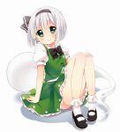  1girl bangs black_bow black_footwear black_hairband black_neckwear black_ribbon blunt_bangs bobby_socks bow bowtie check_commentary commentary commentary_request frilled_skirt frills green_eyes green_skirt green_vest hair_ribbon hairband hand_on_own_knee konpaku_youmu konpaku_youmu_(ghost) looking_at_viewer mary_janes puffy_short_sleeves puffy_sleeves ribbon shadow shirt shoes short_hair short_sleeves simple_background sitting skirt smile socks solo touhou umeko_machi vest white_background white_hair white_legwear white_shirt 