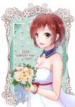  1girl 2019 bouquet braid brown_eyes brown_hair commentary date_pun detached_collar dress floral_background flower framed from_side hair_ribbon holding holding_bouquet kisaragitsubasa lipstick looking_at_viewer makeup meiko number_pun ribbon short_hair sleeveless sleeveless_dress smile solo upper_body vocaloid white_dress 