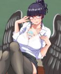  1girl adjusting_eyewear bangs between_breasts black-framed_eyewear black_hair black_legwear black_skirt black_wings blunt_bangs breasts chalkboard cleavage collarbone commentary_request dead_or_alive dead_or_alive_6 desk eyebrows_visible_through_hair feathered_wings glasses hime_cut hiroyama_(hpzg5374) holding indoors karasu_tengu large_breasts legs_crossed licking_lips long_hair looking_at_viewer mole mole_under_mouth nico_(doa) nyotengu on_desk shirt sitting skirt solo stuffed_toy tengu thigh-highs tongue tongue_out violet_eyes white_shirt wings 