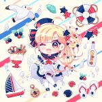 1girl ;d ahoge anchor_symbol animal bangs bird blonde_hair blue_bow blue_footwear blue_headwear blue_sailor_collar blush_stickers boat bottle bow brown_background chibi compass dress eyebrows_visible_through_hair food hair_bow hair_ornament hair_rings hat ice_cream ie_(nyj1815) lifebuoy long_hair mary_janes message_in_a_bottle neckerchief one_eye_closed open_mouth original red_eyes red_neckwear sailboat sailor_collar sailor_dress sandals seagull seashell shell shoes sleeveless sleeveless_dress smile solo star star_hair_ornament striped striped_bow thigh-highs tilted_headwear very_long_hair wafer_stick watercraft white_dress white_footwear white_legwear 