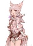  1girl :3 animal_ears bangs belt blush cat_ears cowboy_shot eyebrows_visible_through_hair fangs final_fantasy final_fantasy_xiv frischenq hood hood_down looking_at_viewer miqo&#039;te open_mouth pink_eyes pink_hair pink_robe ponytail slit_pupils solo t&#039;kebbe tail white_background 