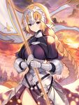  1girl armor armored_dress blonde_hair braid breasts closed_mouth cowboy_shot dress fate/apocrypha fate/grand_order fate_(series) flag gloves headpiece highres jeanne_d&#039;arc_(fate) jeanne_d&#039;arc_(fate)_(all) kyundoo large_breasts long_hair purple_dress smile solo violet_eyes 