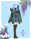  1girl black_gloves blue_background blue_eyes blue_hair boots brown_footwear copyright_name cross-laced_footwear ditb flower full_body glasses gloves grey_skirt hand_up highres kunai lily_(flower) long_hair looking_at_viewer pixiv_fantasia pixiv_fantasia_last_saga red-framed_eyewear robe simple_background skirt solo standing thigh-highs thigh_boots weapon 