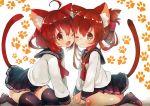  2girls ahoge animal_ears bandanna black_legwear blush brown_hair cat_ears cat_tail commentary_request hairband ikazuchi_(kantai_collection) inazuma_(kantai_collection) kantai_collection looking_at_viewer multiple_girls one_eye_closed paw_print pleated_skirt sailor_collar school_uniform serafuku short_hair skirt suzuho_hotaru tail thigh-highs twitter_username 