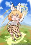  1girl :3 :d animal_ear_fluff animal_ears arm_up belt blonde_hair blue_sky blush bow bowtie claw_pose clouds cross-laced_clothes day elbow_gloves extra_ears eyebrows_visible_through_hair full_body gloves high-waist_skirt kemono_friends kemono_friends_3:_planet_tours looking_at_viewer mountain mountainous_horizon official_art open_mouth outdoors print_gloves print_legwear print_neckwear print_skirt serval_(kemono_friends) serval_ears serval_print serval_tail shirt skirt sky sleeveless sleeveless_shirt smile solo tail thigh-highs tree watermark yellow_eyes yellow_legwear yellow_neckwear yoshizaki_mine zettai_ryouiki 