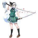  1girl arm_up bangs black_bow black_hairband black_legwear black_neckwear black_ribbon bow bowtie breasts brown_footwear commentary_request dual_wielding eyebrows_visible_through_hair full_body green_skirt green_vest grey_eyes hair_ribbon hairband highres hitodama holding holding_sword holding_weapon katana kneehighs konpaku_youmu konpaku_youmu_(ghost) loafers open_mouth petticoat pleated_skirt puffy_short_sleeves puffy_sleeves ribbon shirt shoes short_hair short_sleeves silver_hair skirt skirt_set small_breasts solo standing sword thighs tk31 touhou transparent_background v-shaped_eyebrows vest weapon white_shirt wily_beast_and_weakest_creature 