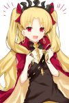  1girl :d blonde_hair breasts cape cleavage earrings ereshkigal_(fate/grand_order) eyebrows_visible_through_hair fate/grand_order fate_(series) hair_ribbon hands_up highres holding holding_hair infinity jewelry long_hair looking_at_viewer open_mouth red_cape red_eyes red_ribbon ribbon shichi_(ponpeex) simple_background skull small_breasts smile solo spine tiara two_side_up upper_body white_background 