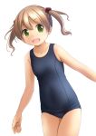  1girl blue_swimsuit brown_hair collarbone cowboy_shot flat_chest green_eyes highres looking_at_viewer old_school_swimsuit open_mouth original school_swimsuit shibacha short_hair simple_background smile solo standing swimsuit twintails white_background 