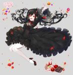  1girl :d arms_up artist_name bangs black_dress black_hair blush bow breasts cake chocolate commission dress floating_hair food frills fruit full_body gothic_lolita high_heels horns jumping lolita_fashion long_hair looking_at_viewer medium_breasts multicolored_hair open_mouth orange original peach red_eyes redhead ribbon smile solo strawberry streaked_hair tr6247 very_long_hair waffle wide_sleeves 