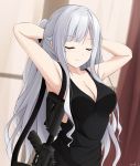  1girl ak-12 ak-12_(girls_frontline) armpits arms_behind_head assault_rifle bangs bare_arms bare_shoulders black_dress blurry blurry_background breasts cleavage closed_eyes closed_mouth collarbone commentary_request depth_of_field dress dutch_angle eyebrows_visible_through_hair girls_frontline grey_hair gun highres indoors keenh long_hair medium_breasts object_namesake ponytail rifle signature sleeveless sleeveless_dress smile solo very_long_hair weapon 