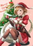  1girl ;d aqua_(popogori) between_legs boots box brown_eyes brown_gloves brown_hair brown_legwear christmas_tree copyright_name cutout djeeta_(granblue_fantasy) frilled_skirt frills fur-trimmed_boots fur-trimmed_hat fur-trimmed_sleeves fur_trim gift gift_box gloves granblue_fantasy hand_between_legs hat holding holding_box looking_at_viewer merry_christmas miniskirt one_eye_closed open_mouth pink_background red_footwear red_headwear red_skirt santa_hat shiny shiny_hair short_hair short_sleeves sitting skirt smile solo sparkle striped striped_neckwear thigh-highs 