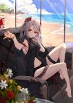  1girl absurdres antenna_hair azur_lane bangs bare_legs beach belt bird black_jacket black_shirt black_shorts blue_sky blush breasts brown_eyes chair clouds couch cup day eyebrows_visible_through_hair finger_to_mouth flower hair_between_eyes headgear highres holding holding_cup indoors innertube jacket jacket_on_shoulders knee_up large_breasts long_hair looking_at_viewer multicolored_hair ocean page&#039;as palm_tree prinz_eugen_(azur_lane) redhead ribbon sand seagull shirt short_shorts shorts silver_hair sitting sky sleeveless sleeveless_shirt smile solo streaked_hair tree two_side_up very_long_hair 