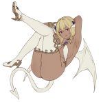  1girl armpits arms_up ass bangs blonde_hair boots breasts cleavage dark_skin demon_girl demon_horns demon_tail demon_wings eyebrows_visible_through_hair full_body hair_between_eyes high_heel_boots high_heels horns houtengeki large_breasts looking_at_viewer open_mouth original red_eyes short_hair simple_background smile solo tail thigh-highs thigh_boots white_background white_footwear wings 