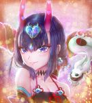  1girl animal bangs black_sleeves blue_eyes blue_hair breasts choker cleavage collarbone detached_sleeves earrings eyes_visible_through_eyewear fate/grand_order fate_(series) hair_ornament heart highres horns jewelry lens_flare looking_at_viewer portrait short_hair shuten_douji_(fate/grand_order) shuten_douji_(halloween_caster)_(fate) small_breasts smile solo sparkle tamaso 