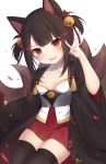  1girl :d akagi-chan_(azur_lane) akagi_(azur_lane) amashiro_natsuki animal_ears azur_lane bell black_kimono black_legwear blush bow brown_hair commentary_request fang fox_ears fox_girl fox_shadow_puppet fox_tail hair_bell hair_bow hair_ornament hand_up head_tilt highres japanese_clothes jingle_bell kimono kitsune long_sleeves looking_at_viewer open_clothes open_kimono open_mouth pleated_skirt red_bow red_eyes red_skirt short_twintails sidelocks simple_background sitting skirt sleeves_past_wrists smile solo strapless tail thigh-highs twintails white_background wide_sleeves 