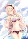  1girl :o artist_name atoatto bangs bare_arms bare_shoulders bikini black_bikini_bottom black_hairband blush breasts cleavage clouds cloudy_sky collarbone commentary_request cowboy_shot day eyebrows_visible_through_hair female_my_unit_(fire_emblem_if) fire_emblem fire_emblem_cipher fire_emblem_if hair_between_eyes hair_ornament hairband holding long_hair looking_at_viewer mamkute medium_breasts my_unit_(fire_emblem_if) navel nintendo ocean open_mouth outdoors pointy_ears red_eyes seashell see-through shell shell_bikini silver_hair simple_background sky smile stomach swimsuit very_long_hair water white_hair 
