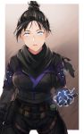  1girl apex_legends arm_at_side bangs belt belt_buckle biribiri black_bodysuit black_hair black_scarf blue_eyes bodysuit breasts buckle commentary_request electricity gloves hair_bun hand_up highres kurage_(11649021) legs_apart looking_at_viewer medium_breasts ninja no_pupils nose parted_lips scarf short_hair sidelocks solo standing thigh_strap utility_belt wraith_(apex_legends) zipper 