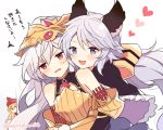  3girls :d armor athena_(granblue_fantasy) bangs bare_shoulders blonde_hair blush bodysuit braid breasts capelet commentary_request elbow_gloves eyebrows_visible_through_hair fang gauntlets gloves granblue_fantasy hair_between_eyes hair_ribbon head_tilt headpiece heart helmet hug hug_from_behind jitome lavender_hair leaning_on_person leaning_to_the_side long_hair looking_at_another looking_at_viewer looking_to_the_side low_twintails maru_(maruplum) medusa_(shingeki_no_bahamut) multiple_girls open_mouth peeking_out pointy_ears purple_hair red_eyes ribbon satyr_(granblue_fantasy) shingeki_no_bahamut slit_pupils small_breasts smile translation_request twin_braids twintails twitter_username upper_body very_long_hair violet_eyes 