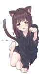  1girl animal_ear_fluff animal_ears bangs barefoot black_hoodie blush brown_eyes brown_hair brown_hairband cat_ears cat_girl cat_tail commentary_request eyebrows_visible_through_hair fake_animal_ears hairband hand_up highres hood hood_down hoodie long_hair long_sleeves menhera open_mouth original paw_pose pomu simple_background sleeves_past_wrists solo tail tail_raised white_background 
