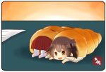  2girls :d akagi_(kantai_collection) artist_name bread brown_eyes brown_hair commentary_request eyebrows_visible_through_hair food hair_between_eyes hakama hakama_skirt japanese_clothes kaga_(kantai_collection) kantai_collection minigirl multiple_girls open_mouth paper red_hakama short_hair side_ponytail smile taisa_(kari) thigh-highs white_legwear 