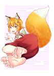  1girl animal_ear_fluff animal_ears bare_legs barefoot blonde_hair blush eyebrows_visible_through_hair fang feet flower fox_ears fox_tail hair_between_eyes hair_flower hair_ornament highres japanese_clothes leafar looking_at_viewer looking_back lying miko on_side open_mouth pov_feet ribbon_trim senko_(sewayaki_kitsune_no_senko-san) sewayaki_kitsune_no_senko-san smile soles solo tail toes yellow_eyes 