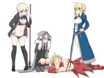  4girls ahoge arm_support artoria_pendragon_(all) artoria_pendragon_(swimsuit_rider_alter) bikini black_bikini blonde_hair braid breasts cleavage commentary_request fate/apocrypha fate/grand_order fate/stay_night fate_(series) french_braid gray_(lord_el-melloi_ii) groin hand_on_hip hood jacket lord_el-melloi_ii_case_files lying maid_bikini medium_breasts mop mordred_(fate) mordred_(fate)_(all) multiple_girls on_side saber shiseki_hirame squatting swimsuit thigh-highs white_background 