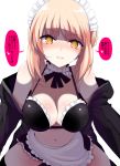  1girl artoria_pendragon_(all) artoria_pendragon_(swimsuit_rider_alter) bangs bare_shoulders bikini black_bikini black_jacket blonde_hair breasts commentary_request eyebrows_visible_through_hair fate/grand_order fate_(series) frills han_(jackpot) jacket large_breasts looking_at_viewer maid_bikini maid_headdress parted_lips simple_background solo speech_bubble swimsuit teeth translated white_background yellow_eyes 