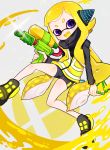  1girl :d bike_shorts black_footwear blonde_hair blush domino_mask fang glint headgear holding inkling long_hair long_sleeves mask nintendo open_mouth paint shichi_(ponpeex) shoes single_vertical_stripe smile solo sparkle splat_bomb_(splatoon) splatoon_(series) splattershot_(splatoon) squidbeak_splatoon suction_cups super_smash_bros. super_soaker tentacle_hair very_long_hair vest violet_eyes yellow_tongue yellow_vest 